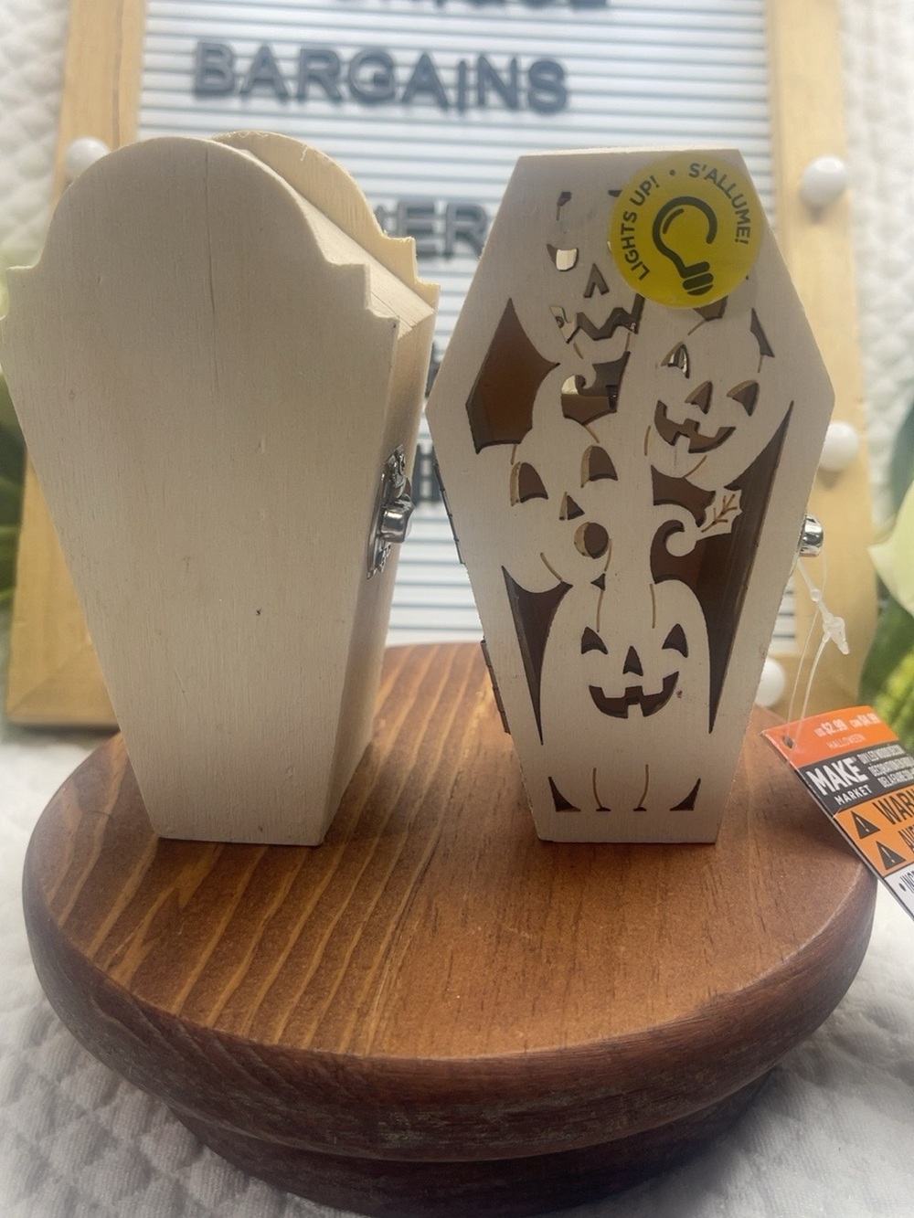 Make Market Halloween Wood Coffin Decor Lot of 2 Pumpkins LED Light Up NWT 4”